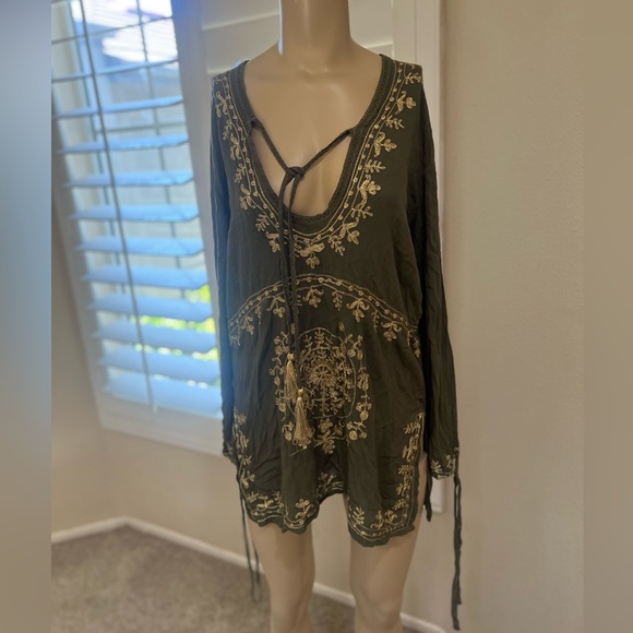 LUCKY and COCO Olive Green Gold embroidery boho  Cover Up Tunic Mini Dress sz M - Picture 1 of 13